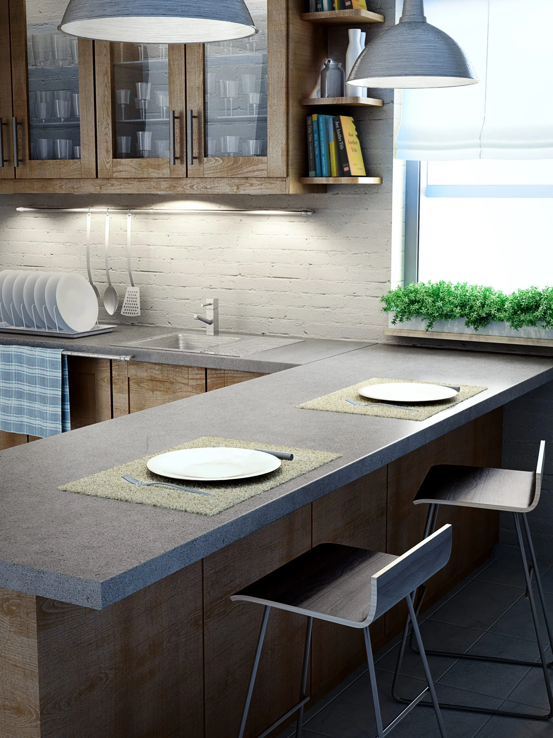 Modern Kitchen Interior with L shape counter top with barstools.